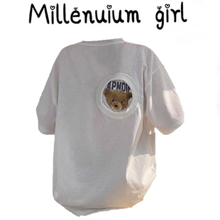 夏装设计可爱甜美白色小熊印花短袖T恤女宽松慵懒风圆领套头上衣