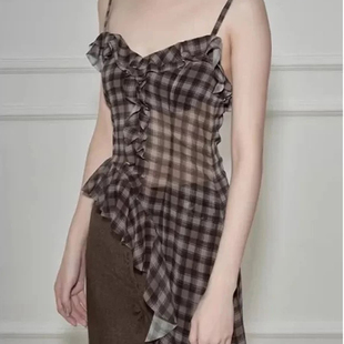 棕色格纹高腰花边不规则长款吊带轻薄上衣女夏装新款气质显瘦背心