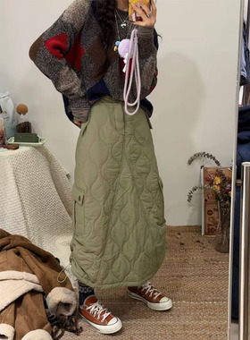美式复古军绿色抽绳工装裙高腰下摆收口加厚夹棉保暖A字半身裙