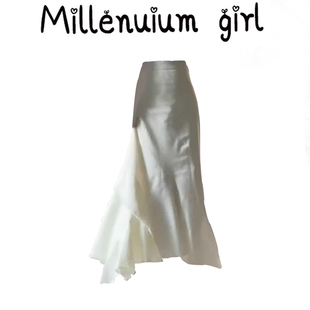 复古白色不规则中长款开叉高腰半身裙女气质显瘦流苏鱼尾裙小个子