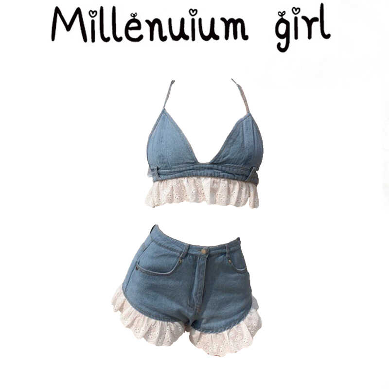 纯欲性感辣妹牛仔吊带背心女夏季短款裤子设计感蕾丝绑带外穿套装