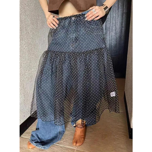 早秋新款蕾丝网纱波点荷叶边松紧腰叠穿通透感小众百搭罩衫半身裙