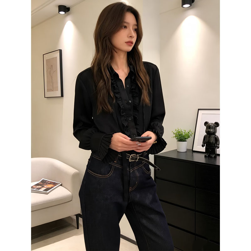 法式黑色花边衬衫女春季新款