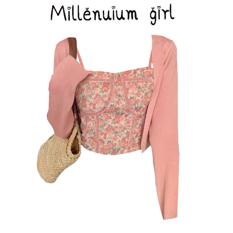 碎花背心吊带女两件套春秋2025年新款针织开衫外套短款上衣