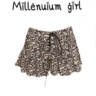 美式复古豹纹绑带半身裙女秋冬季显瘦辣妹蛋糕裙低腰荷叶边短裙子