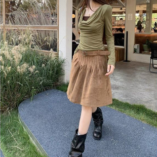 秋冬新款包臀五分裙美拉德棕色麂皮绒裙子小众超重工百搭半身裙女