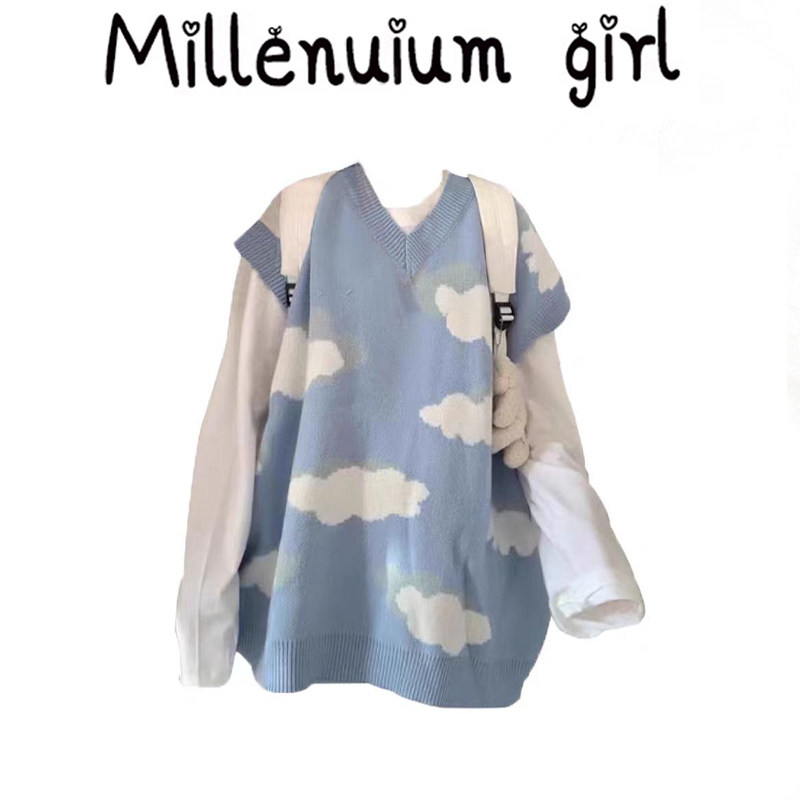 两单件套装女马甲韩风Chic蓝天白云针织无袖毛衣+内搭白色长袖T恤