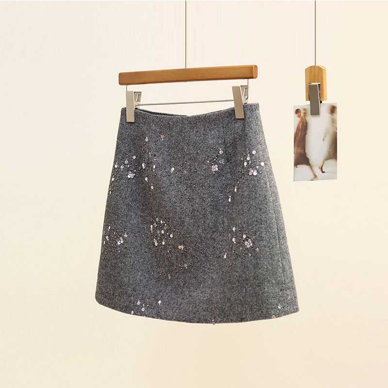 灰色亮片半身裙女2025秋冬高腰显瘦a字短款小香风毛呢短裙