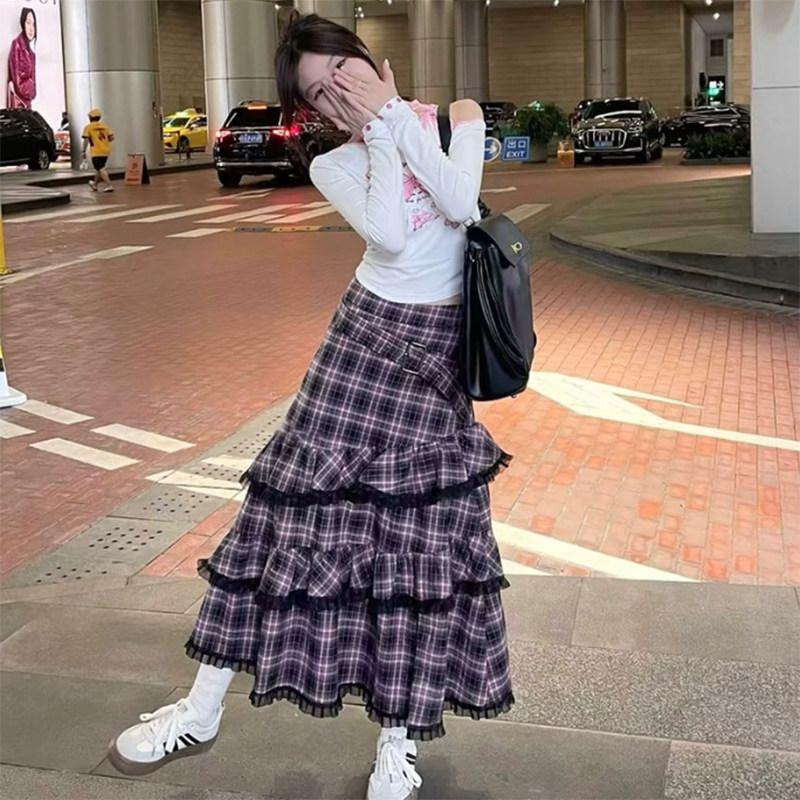 秋冬少女紫色格子蛋糕裙不规则