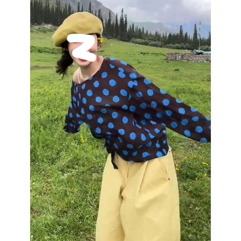 色波点长袖T恤女慵懒风宽松上衣