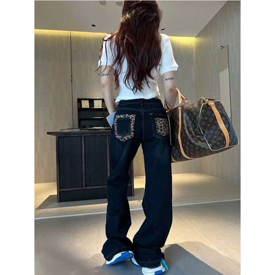 美式复古豹纹口袋阔腿牛仔裤女