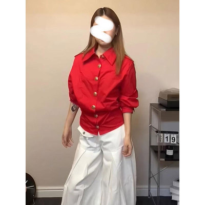 设计感压褶收腰复古军装风衬衫