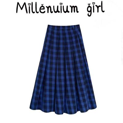 韩版蓝黑格子撞色半身裙