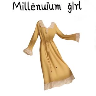 黄色长袖连衣裙秋冬法式少女多巴胺温柔气质收腰显瘦长裙