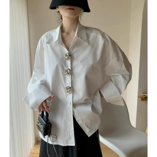小众2025秋欧货廓形宽松遮屁股大衬衫 高级感金属扣金属扣藏肉衬衣