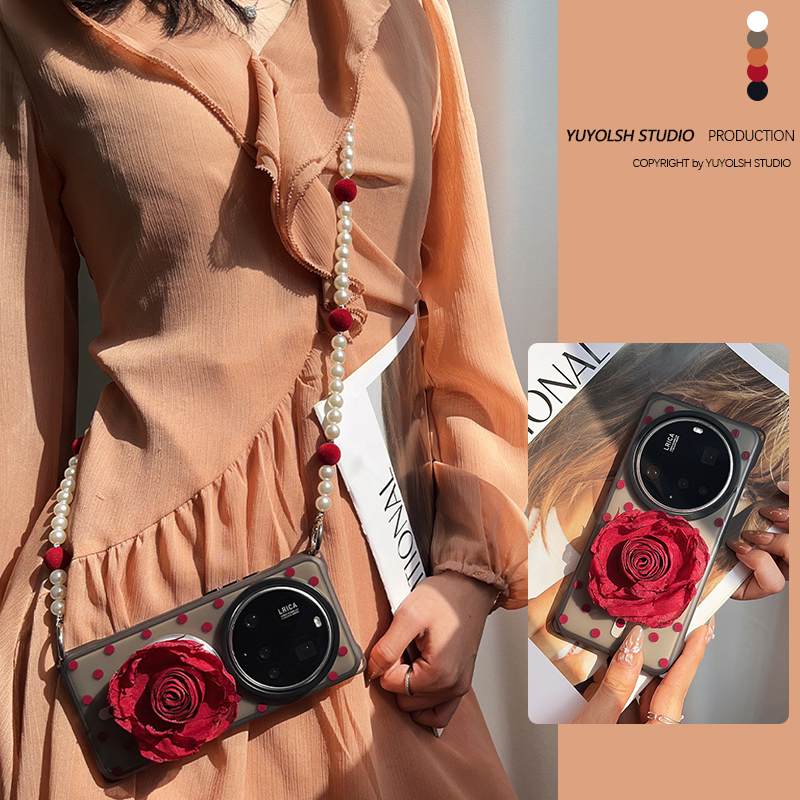 酒红波点磁吸支架手机壳斜挎挂链