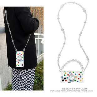 草间弥生-彩色艺术波点透明水晶串珠斜挎链条四角开孔手提15手机壳16ProMax全包苹果14华为