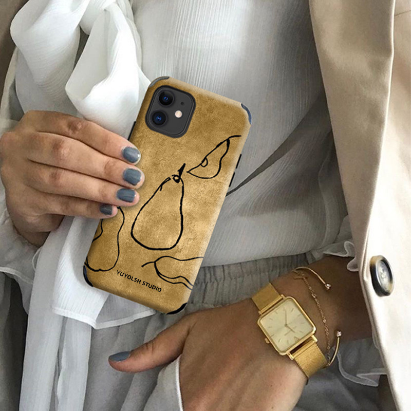 简笔画适用苹果14promax手机壳iphone13pro皮质12全包防摔简约设计