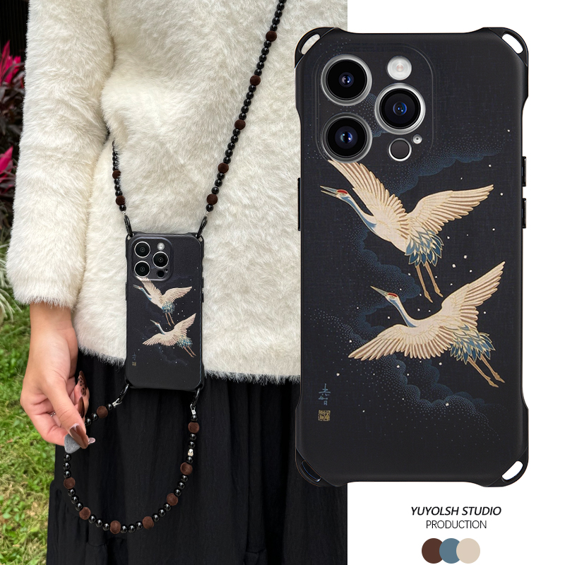 国潮仙鹤手机壳苹果华为斜挎挂绳