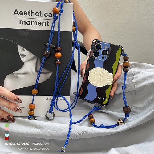 绿多色波纹手机壳斜挎手提挂绳