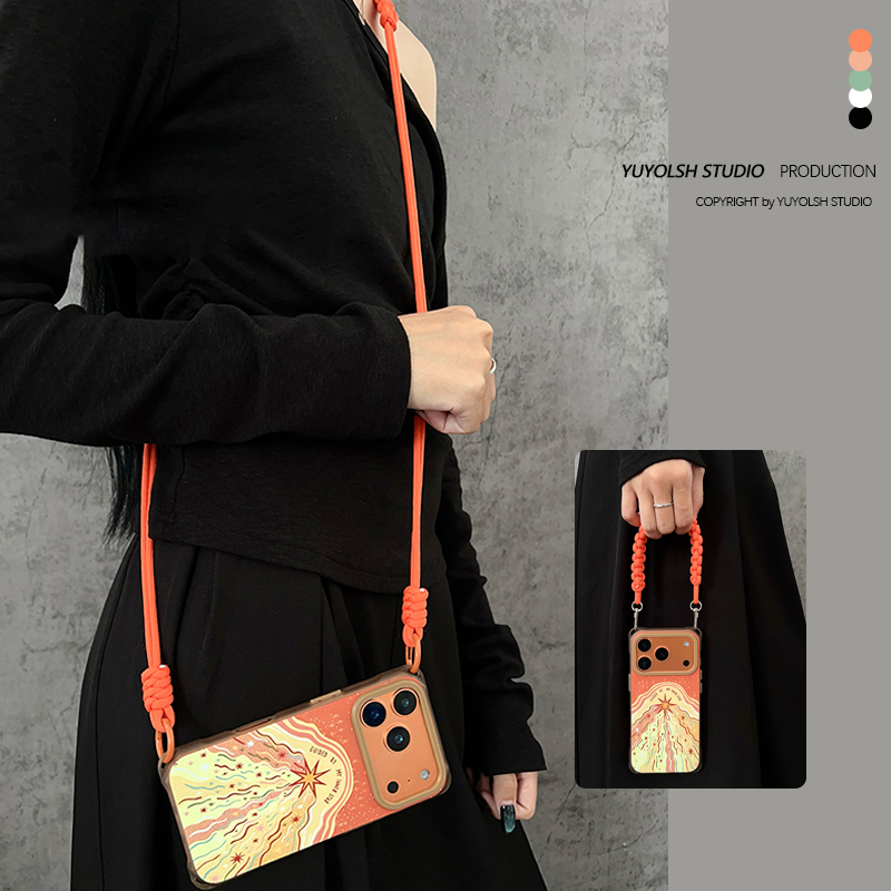 【地球的心脏】原创编织挂绳斜挎适用于苹果17Pro手机壳手绘火山华为pura80背带斜跨vivox200s链条小米15Pro