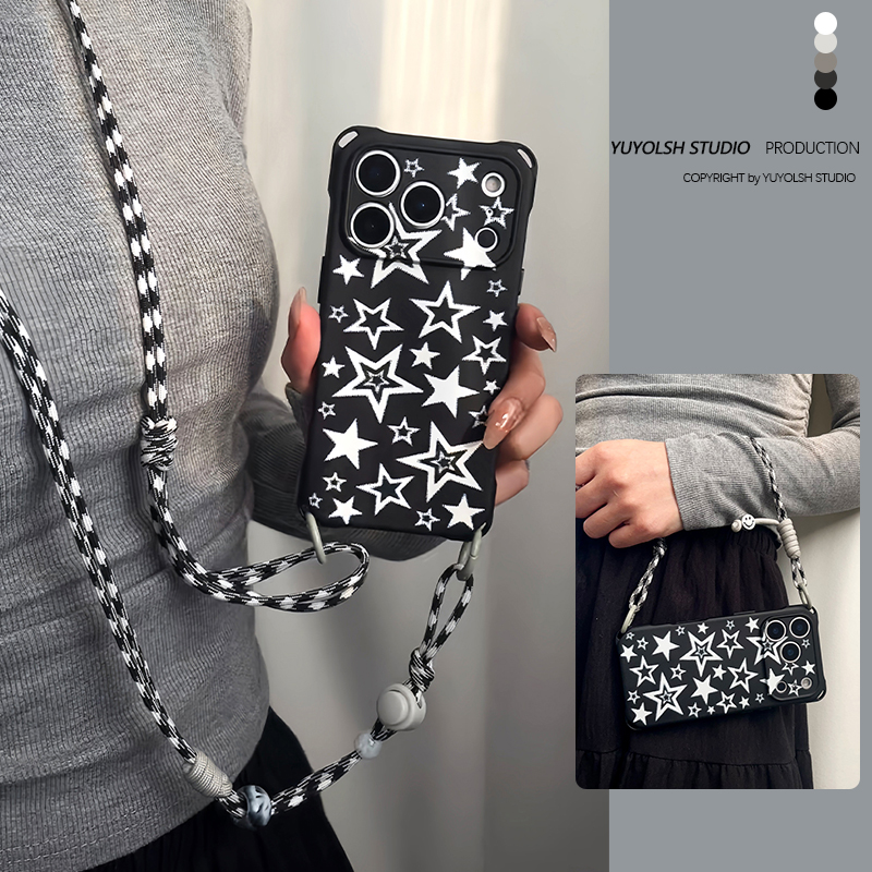纹理白星星手机壳斜挎手提挂绳