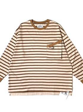秋季日系CMF山系斜拉链立体口袋条纹长袖T恤男女款休闲百搭打底衫