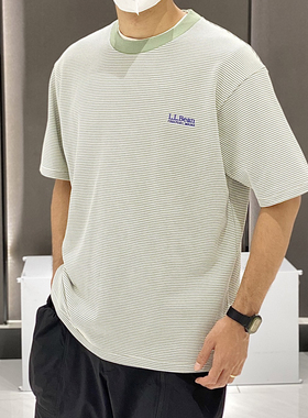 beams effect日系复古条纹短袖T恤男ll.bean宽松休闲百搭圆领上衣
