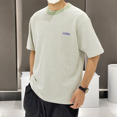 beams effect日系复古条纹短袖T恤男ll.bean宽松休闲百搭圆领上衣
