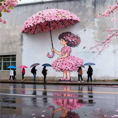 仿真花墙艺打伞女孩美陈打卡装饰