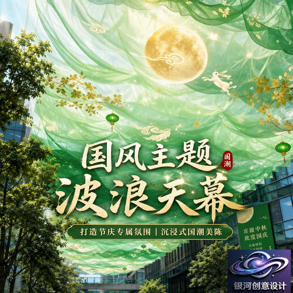 户外商业街美陈吊顶装饰国风印花波浪天幕网红景区引流纱幔定制图片