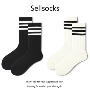 三条杠条纹袜子男女中筒袜春秋款 黑白色长袜 网红运动外穿配鲨鱼裤