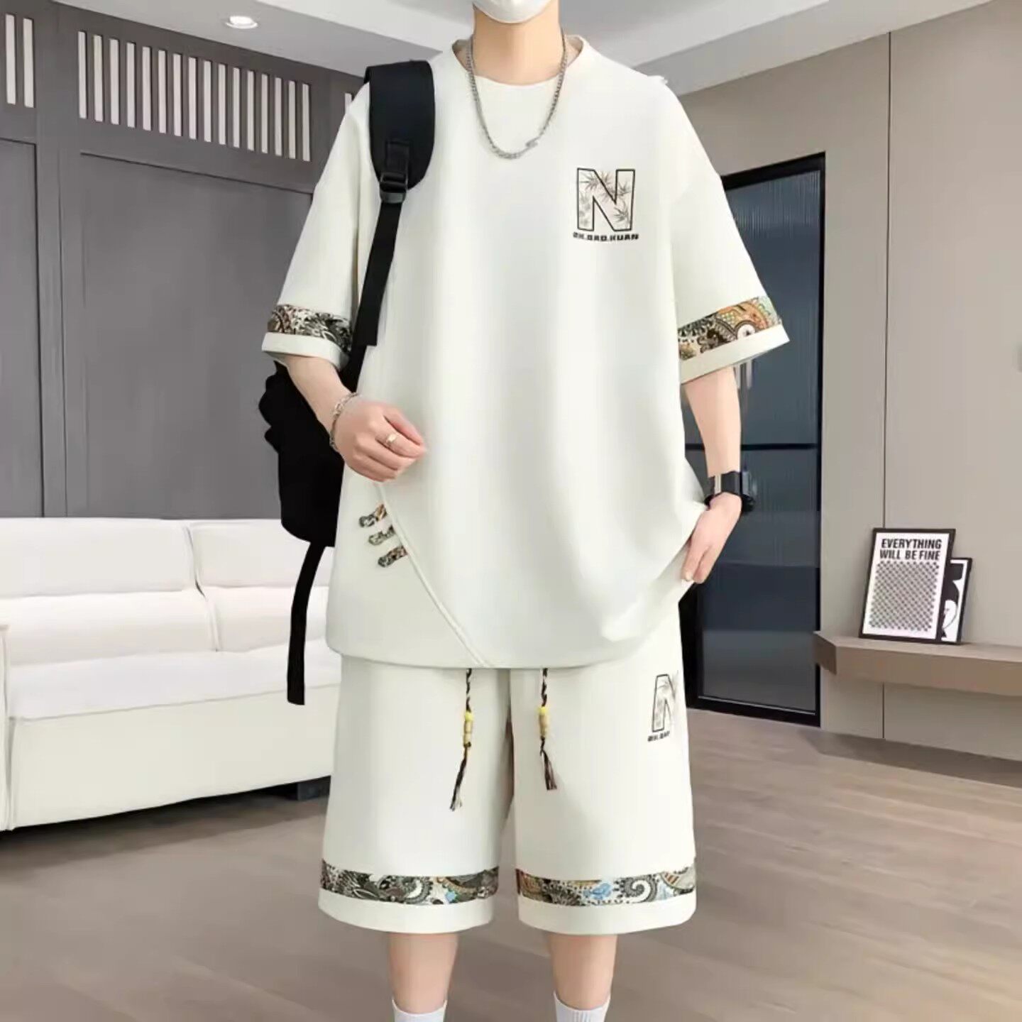 玟若高档轻奢套装2026夏季新款大码休闲运动两件套男士短袖短裤潮