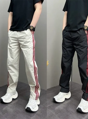 瀚森服饰夏季薄款速干休闲裤男美式复古拼接撞色运动条纹直筒长裤