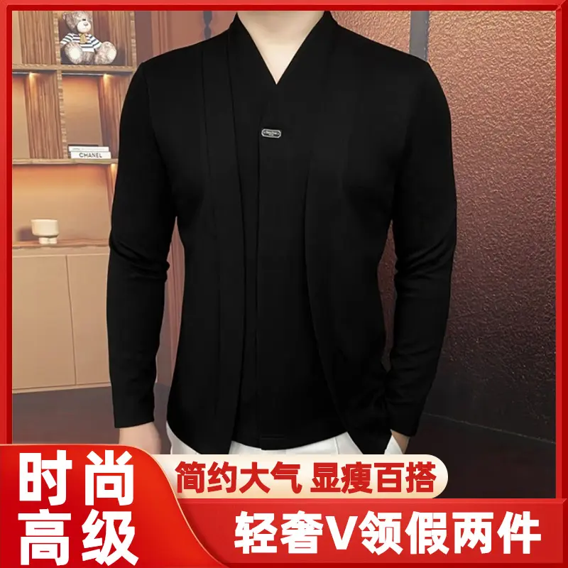 南禾甄选2026新款轻奢V领假两件上衣-FN高品质假两件黑色卫衣