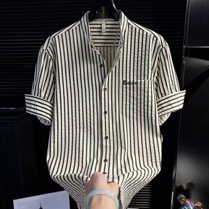 维乾男装文艺港风条纹男生短袖垂感休闲衬衣男韩系穿搭设计感衬衫