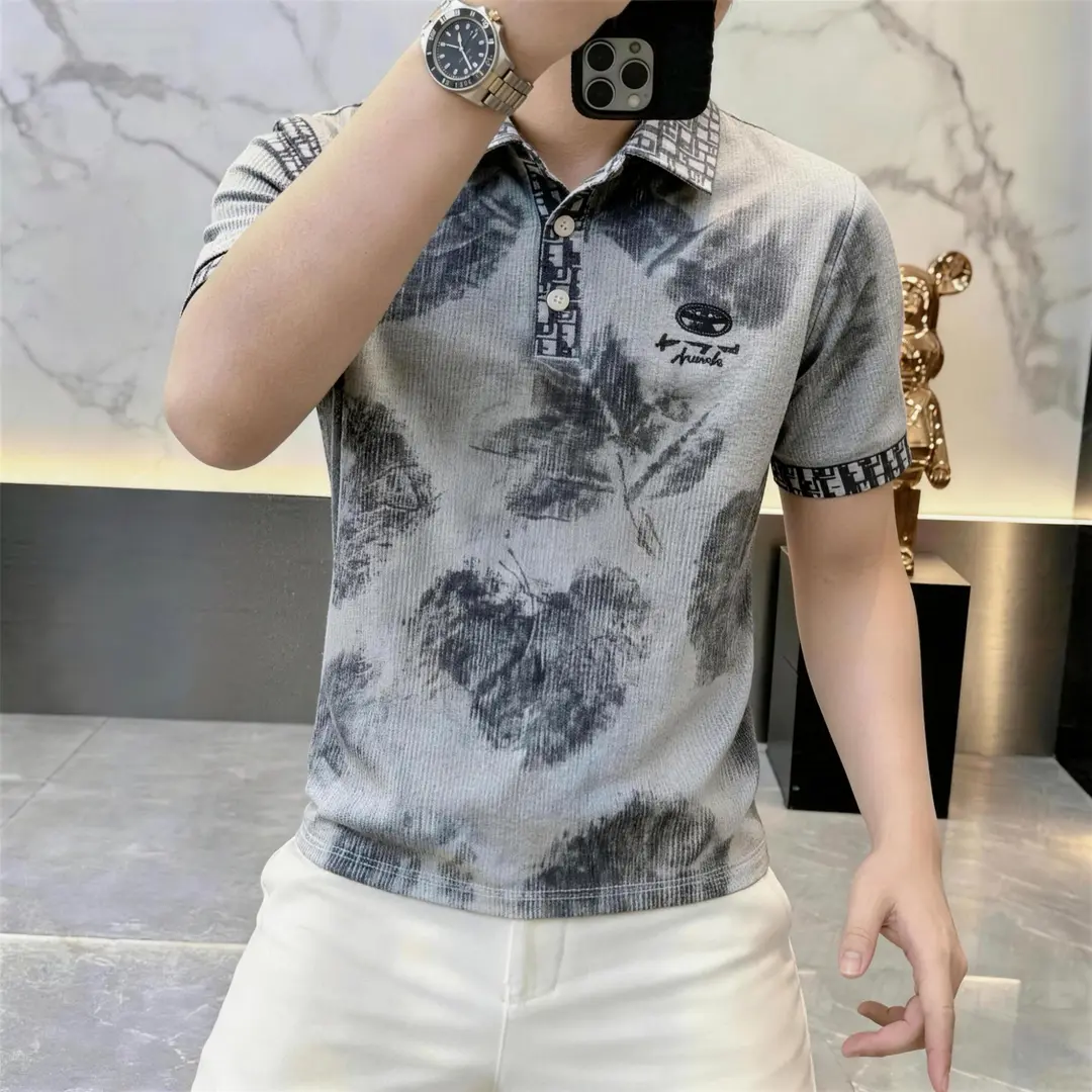 蚀月潮流男装夏季男士树叶肌理缎染短袖POLO衫速干半袖T恤欧货
