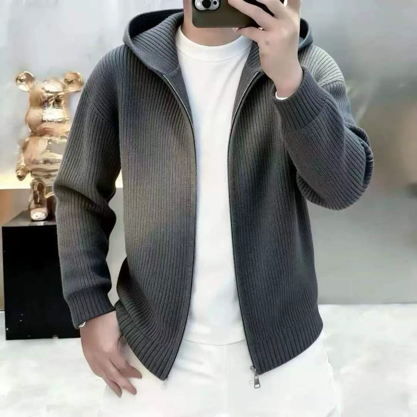 天骏优选百货男装秋季新款男士商务休闲连帽针织开衫高档轻奢夹克
