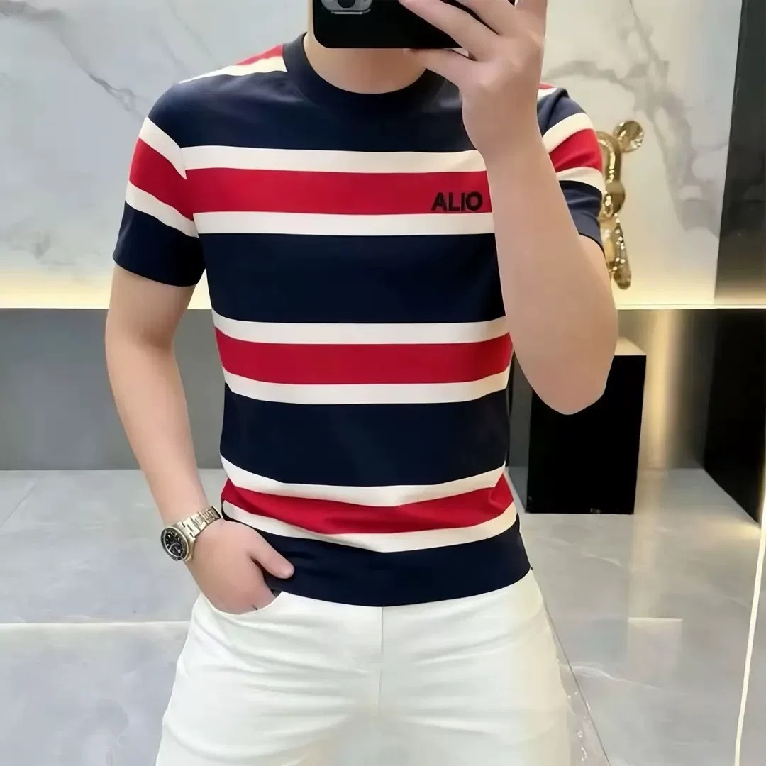 宏嫩男装雪溪高档夏季男士圆领条纹短袖T恤潮流休闲半袖轻奢时尚