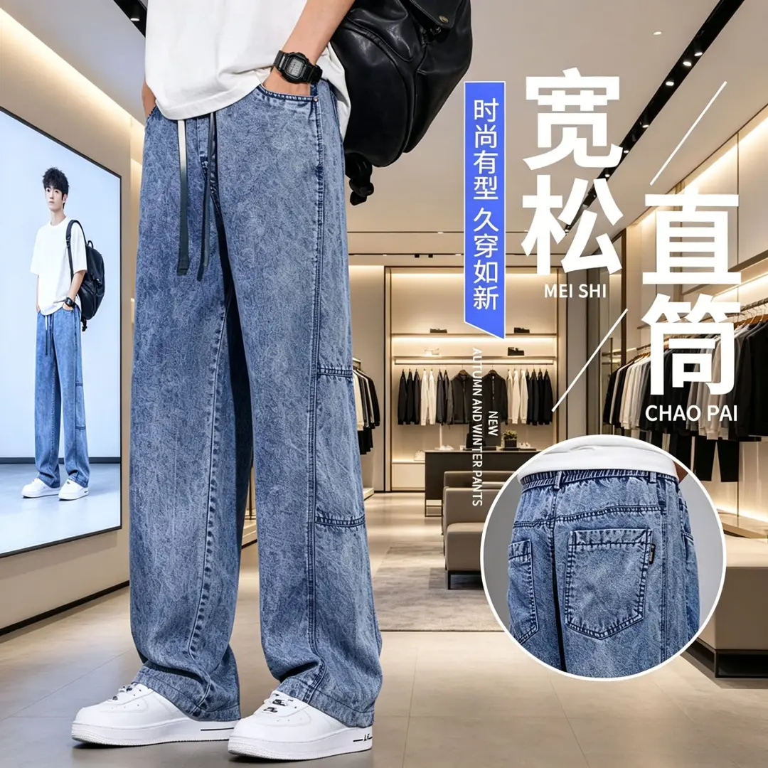 雪溪男裤夏超薄款牛仔裤男士抽绳阔腿直筒裤高级感垂坠休闲长裤子