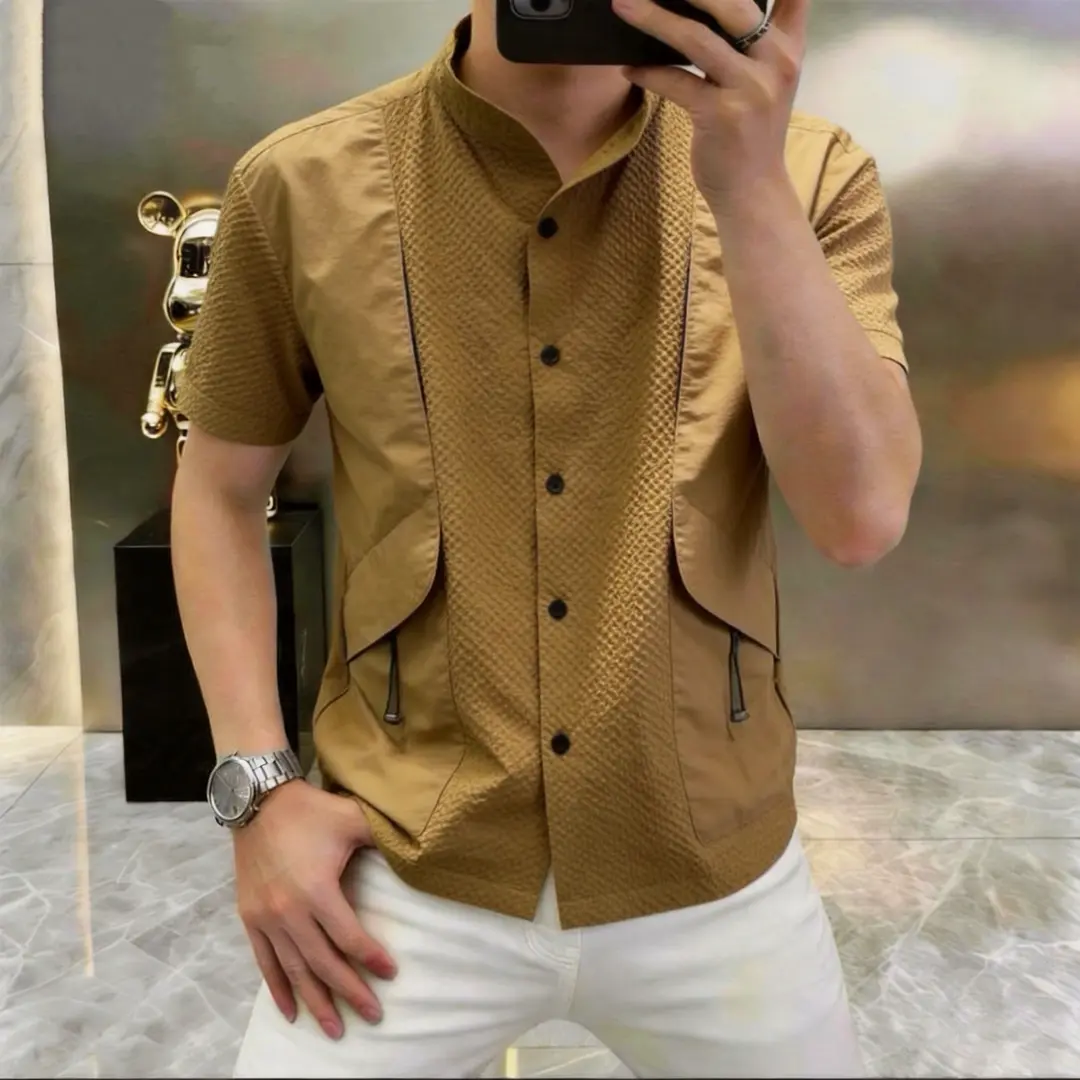 DX潮流男装夏季男士立领拼接拉链短袖衬衫潮流百搭帅气半袖男装