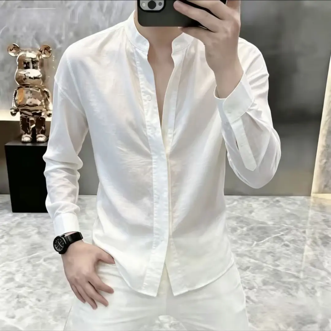 亿万精品男装秋季新款男士纯色立领长袖衬衫潮流帅气休闲衬衣S516