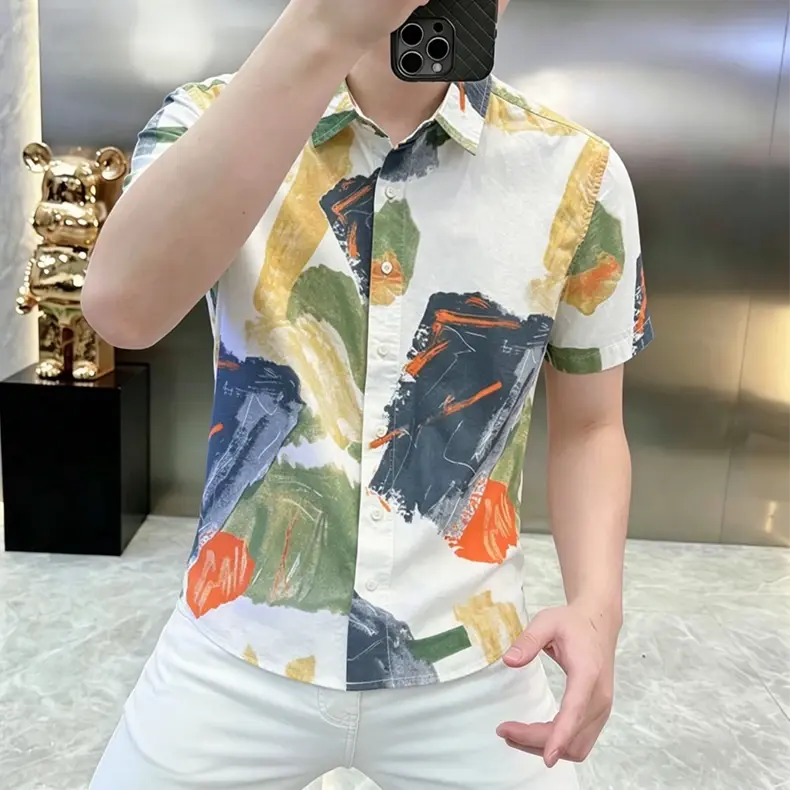 峰度潮流男装2026新款涂鸦短袖衬衫夏季凉感衬衣翻领上衣休闲寸衫