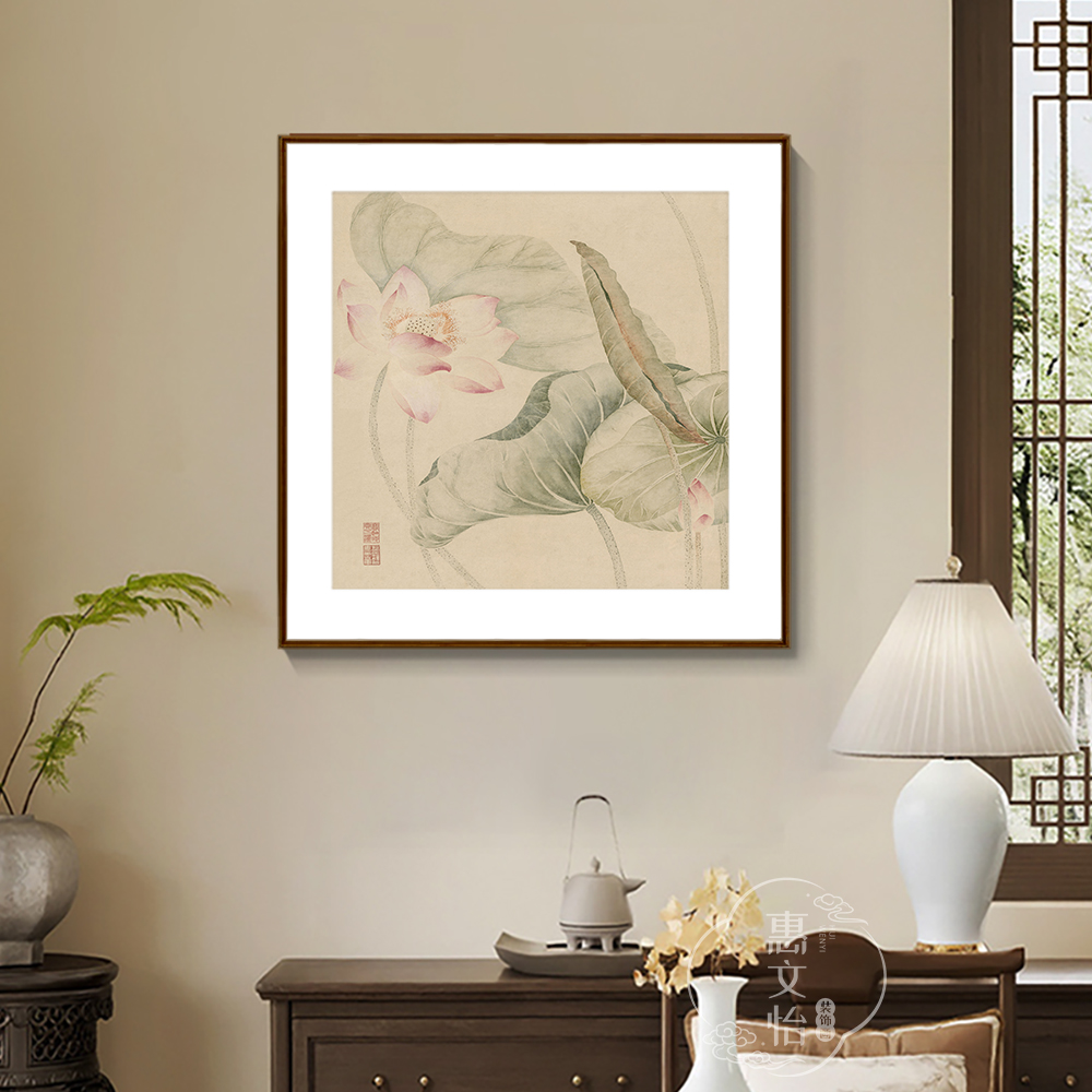 红莲绿藻图禅意荷花中古风挂画客饭厅书房水墨淡雅没骨花卉装饰画