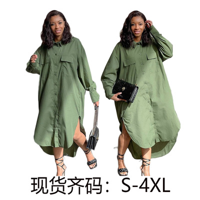 女装宽松时尚长款衬衫裙带口袋