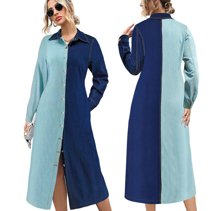 大码女装拼接牛仔长款外套连衣裙