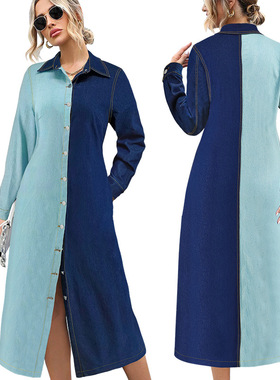 Plussize denim long coat dress大码女装拼接牛仔长款外套连衣裙