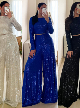 Long-sleeved top with sequin wideleg pants长袖上衣亮片阔腿裤