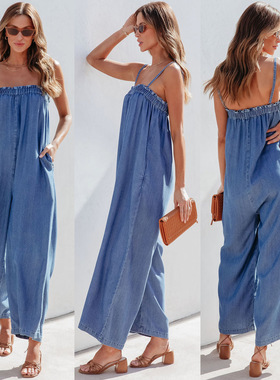 Halter rompers nine quarter overalls吊带连体裤阔腿九分背带裤