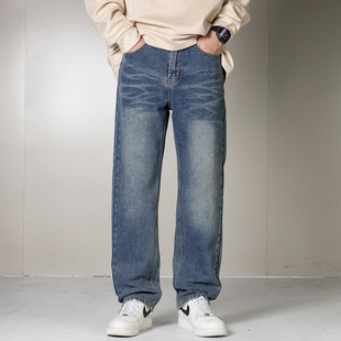 Men's blue straight-leg mid-rise jeans男士蓝色牛直筒中腰仔裤